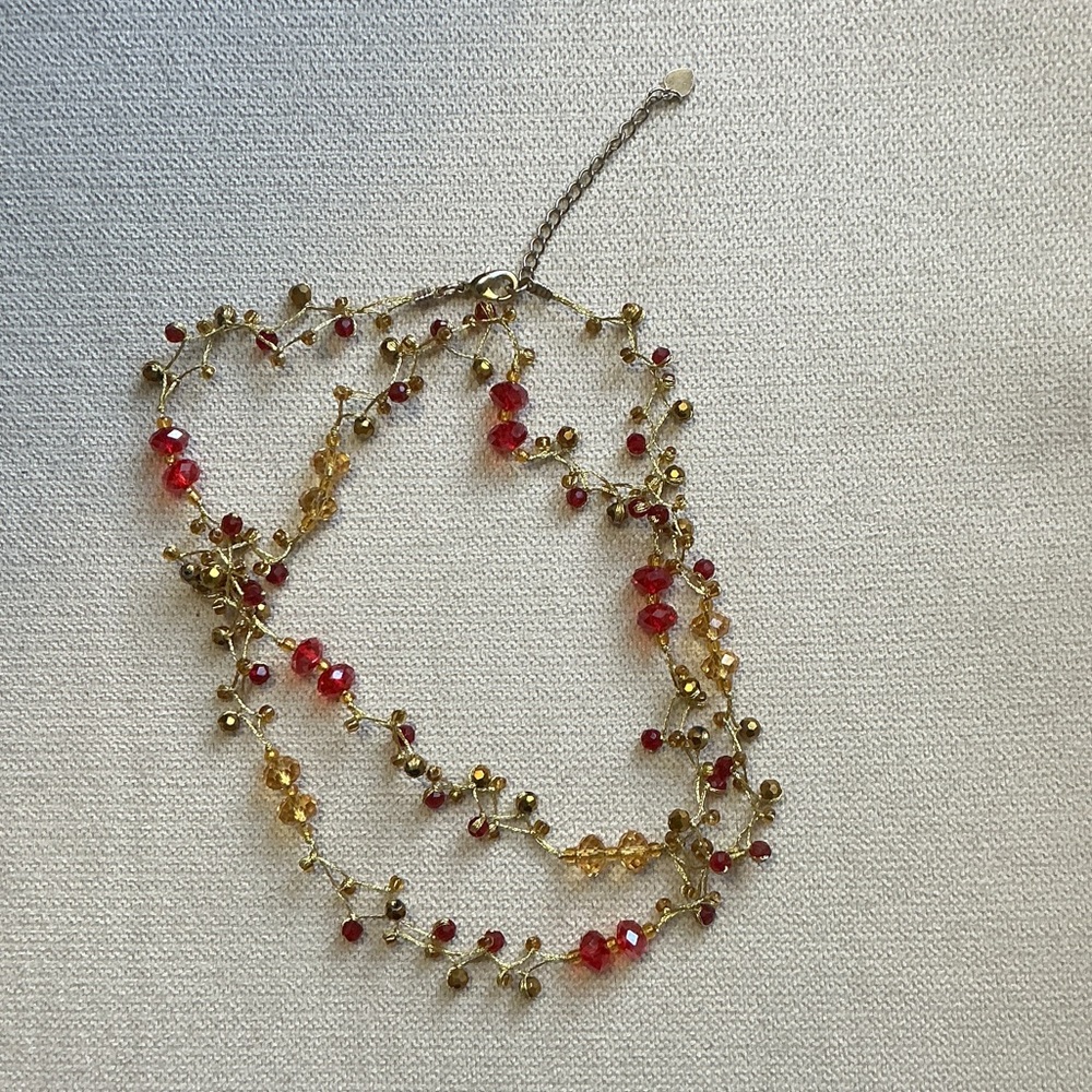 Red and Gold Faceted Glass Bead Necklace with extender.